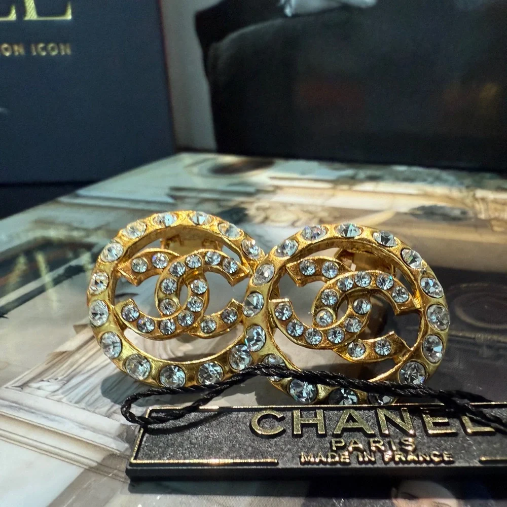 LOT 2018 24K gold plated CHANEL Gold and Crystal Logo Earrings